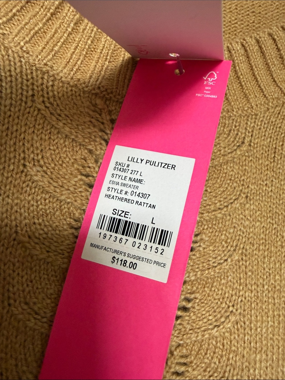 Lilly Pulitzer Camel Crewneck Sweater with Center Lace Knit